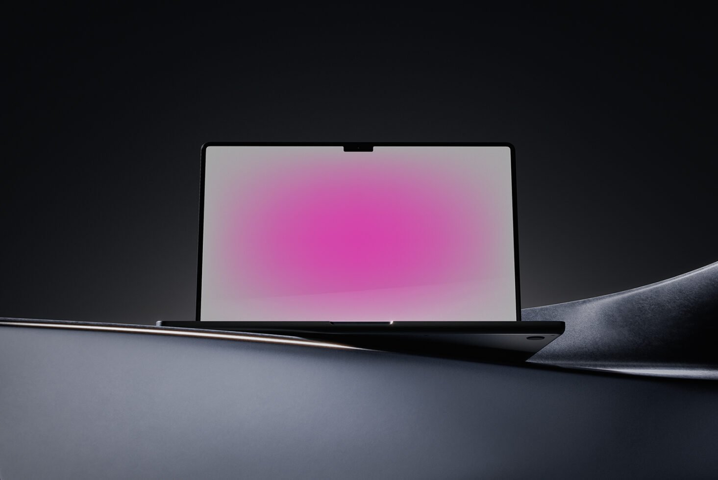 Laptop mockup with pink gradient screen and dark background suitable for digital asset marketplaces targeting designers and creatives seeking templates.