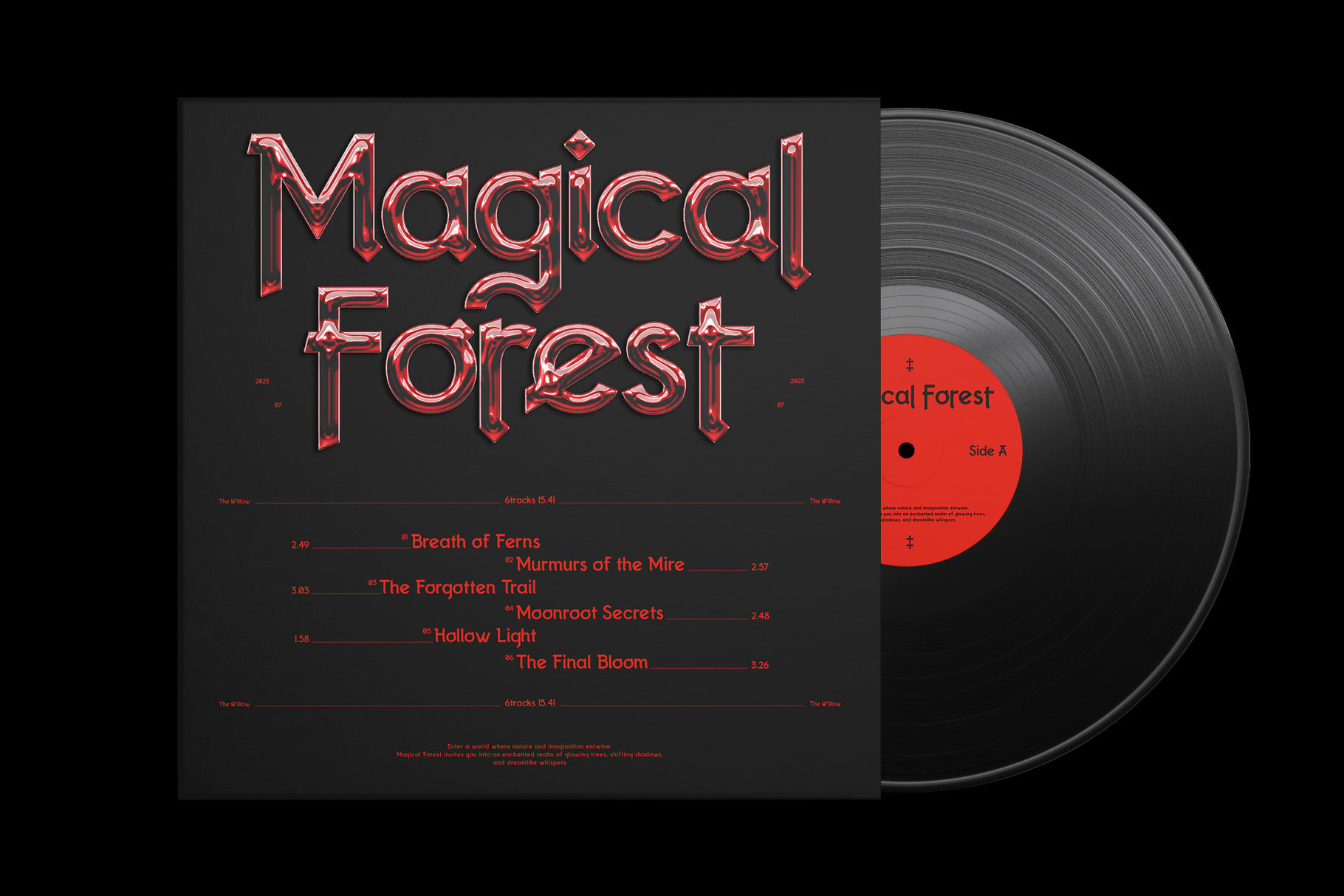 Magical Forest vinyl album mockup with neon red title on black record sleeve