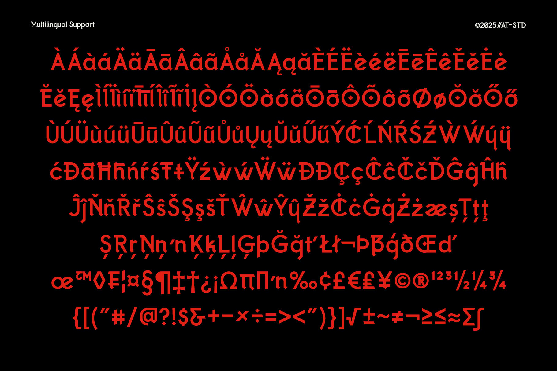 Red typeface showing multilingual diacritical marks on black background