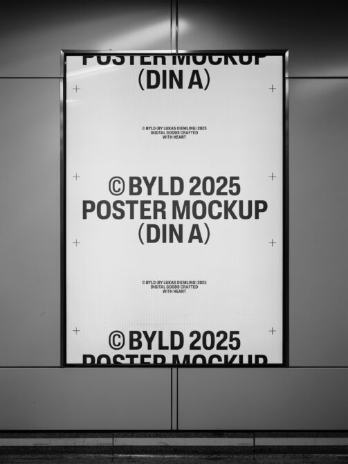 Black framed DIN A poster mockup hanging on concrete wall with minimal text layout