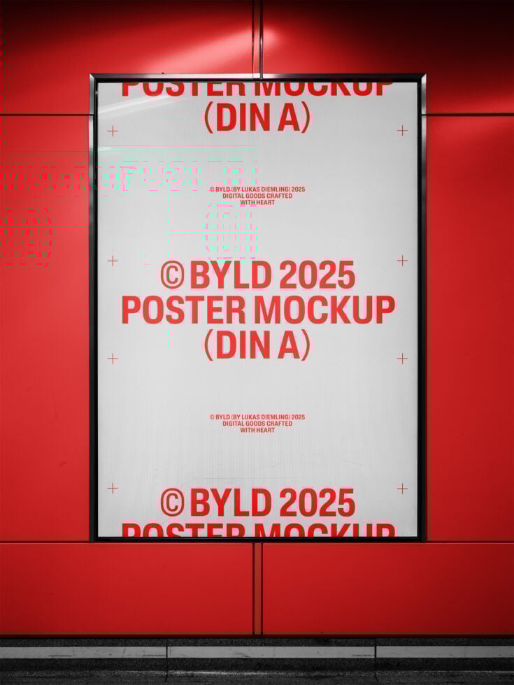 Red subway poster mockup 2025 with bold text design for graphic designers. Ideal for showcasing templates and digital art. Modern urban style