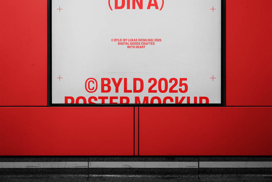 Bright red wall behind black framed poster mockup with bold red typography centered