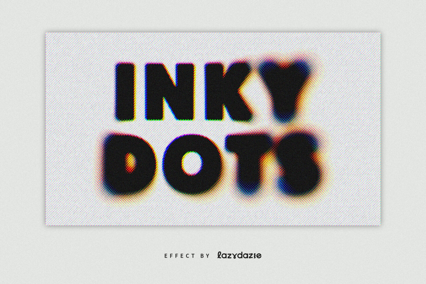 Inky Dots text effect for designers featuring a halftone style with multicolor glitch. Perfect for graphics, typography, and digital assets.