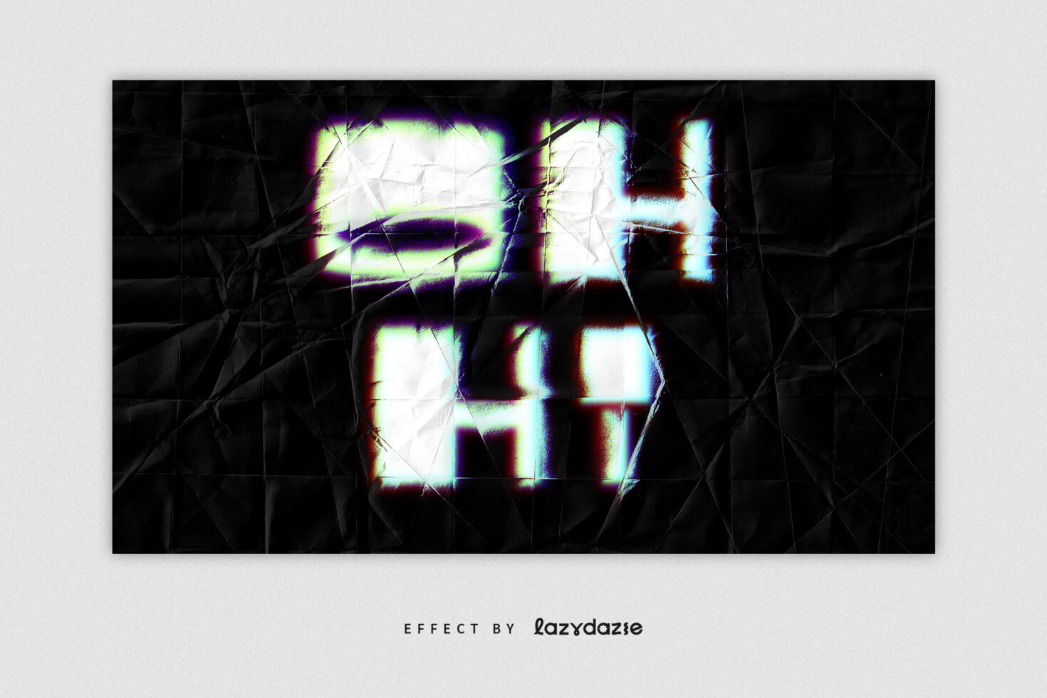 Glitch text effect on crumpled black paper background. Abstract design suitable for digital graphics templates and creative visual assets.