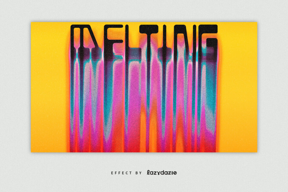 Melting text in neon pink, teal, orange on bright yellow background