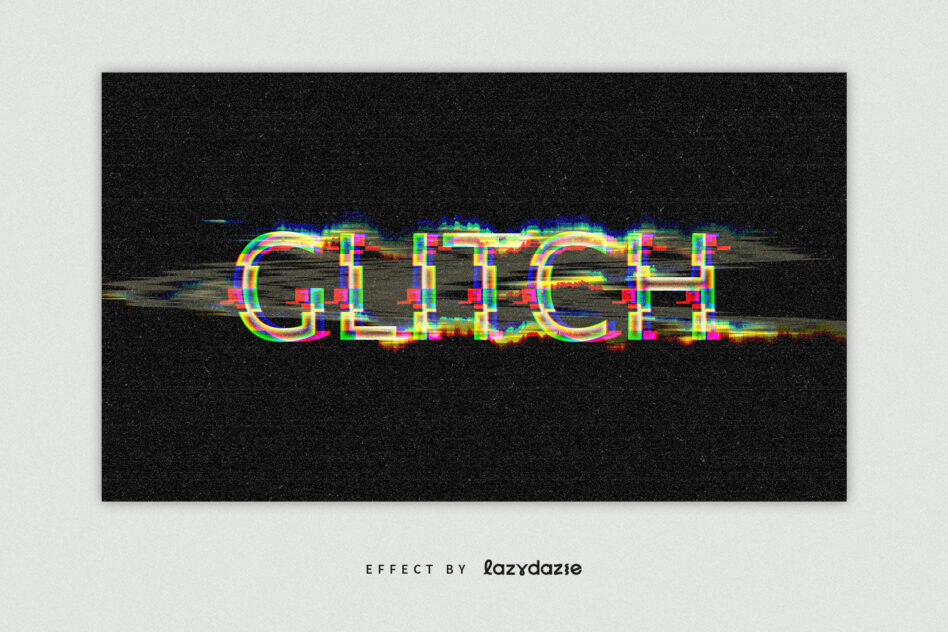 Colorful glitchy text effect with neon rainbow letters on dark grain