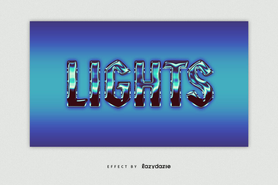 Glossy chrome neon text with holographic sheen on blue gradient