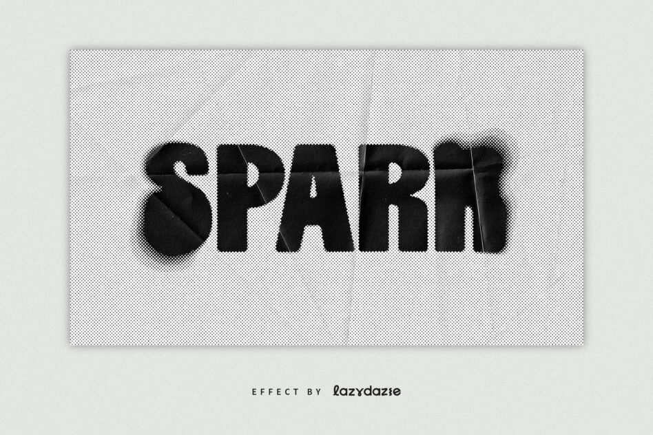 Black bold letters with crumpled paper texture on dotted background