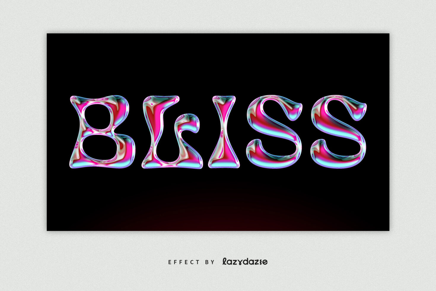 Rainbow liquid holographic BLISS text with flowing pink cyan gradient effect
