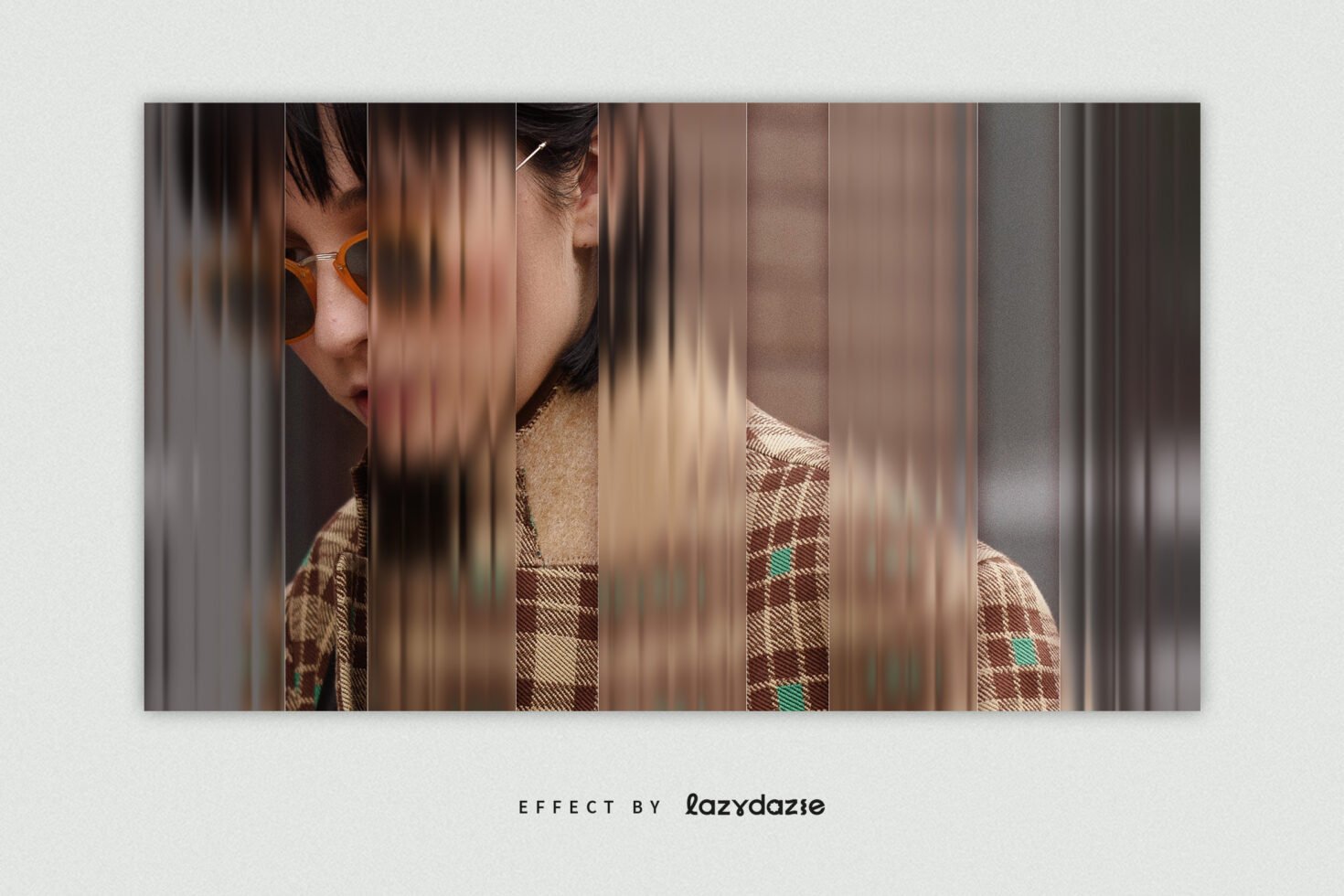 Creative design template featuring a modern glitch effect on a person wearing sunglasses. Stylish plaid pattern. Ideal for digital graphic design projects.