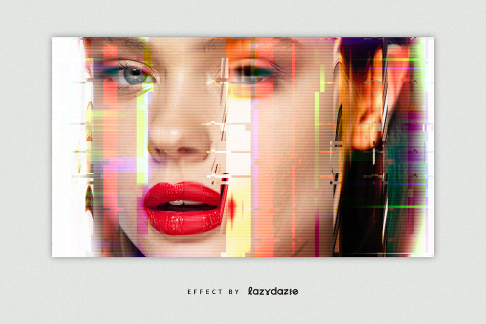 Close-up face with red lips interrupted by colorful pixelated blocks