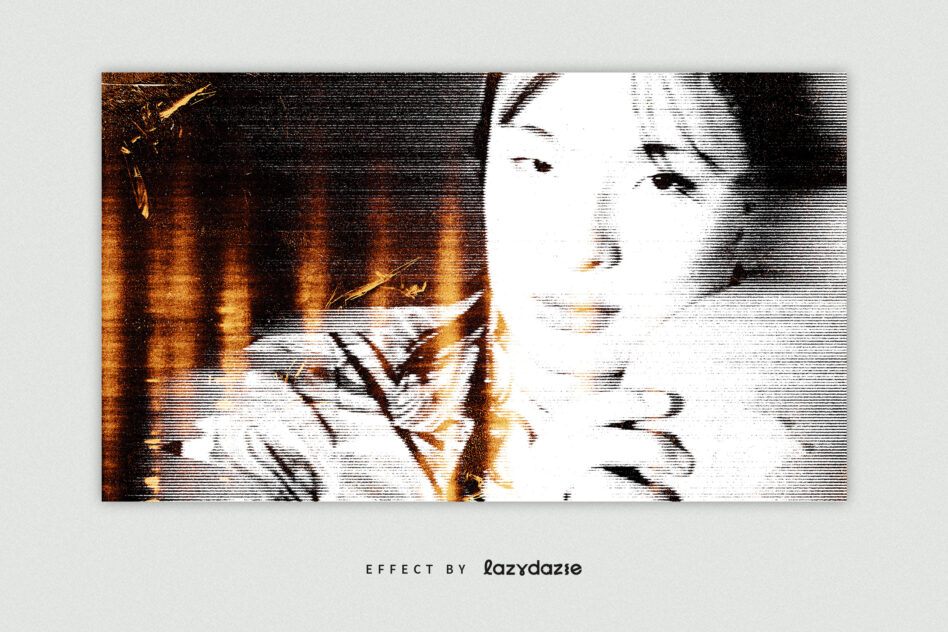 Grayscale portrait with scanline effect creating horizontal scan lines