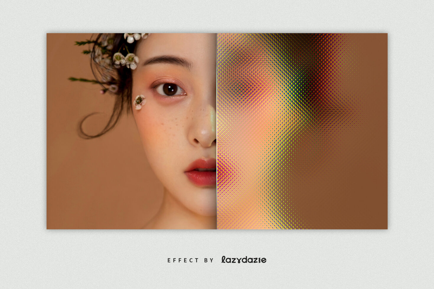Portrait with creative half-tone effect featuring floral elements. Ideal for designers. Keywords: graphic, mockup, digital asset, portrait, design.