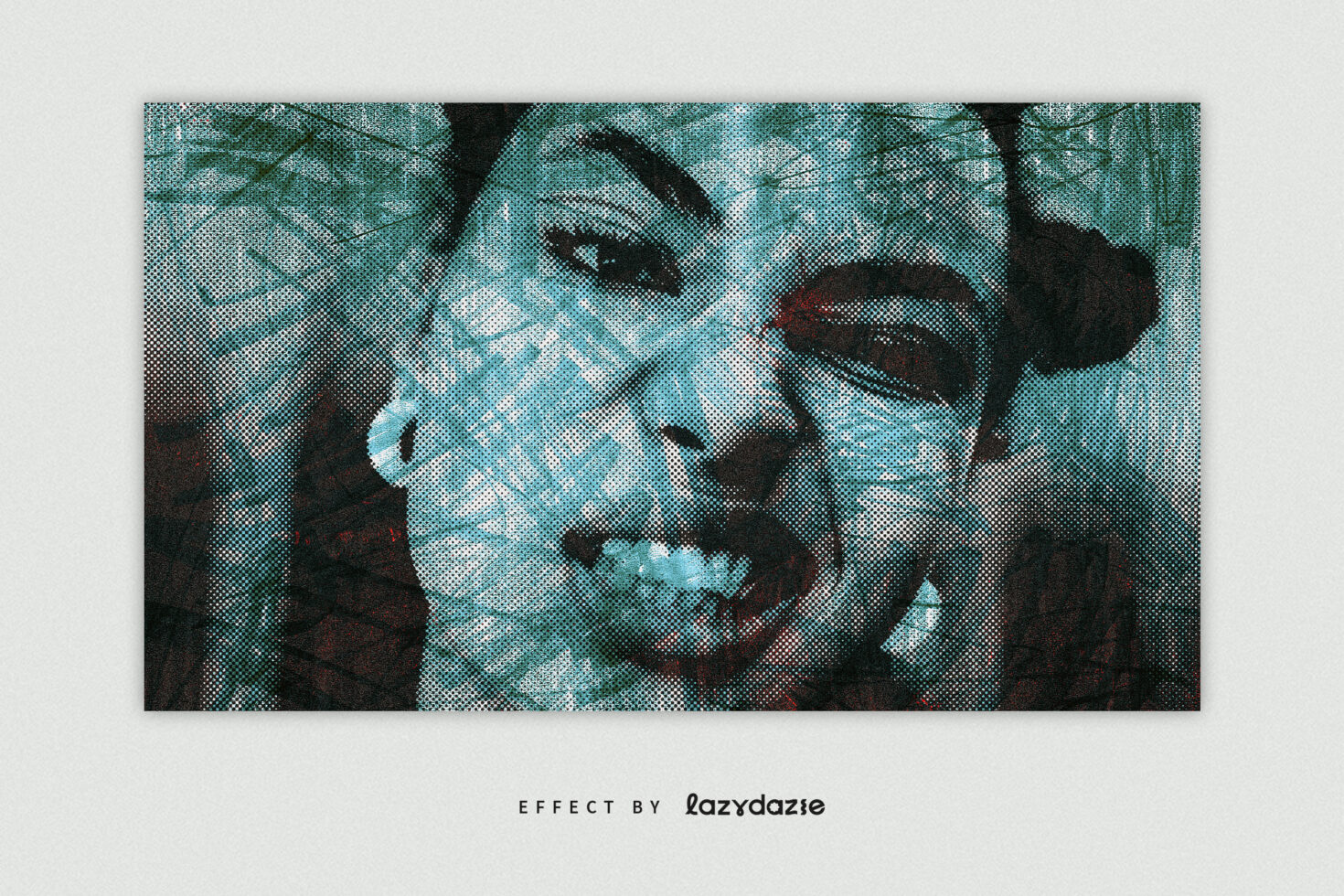 Halftone effect portrait graphic showing grinning face with textured overlay in teal and black tones ideal for designers seeking unique graphics.