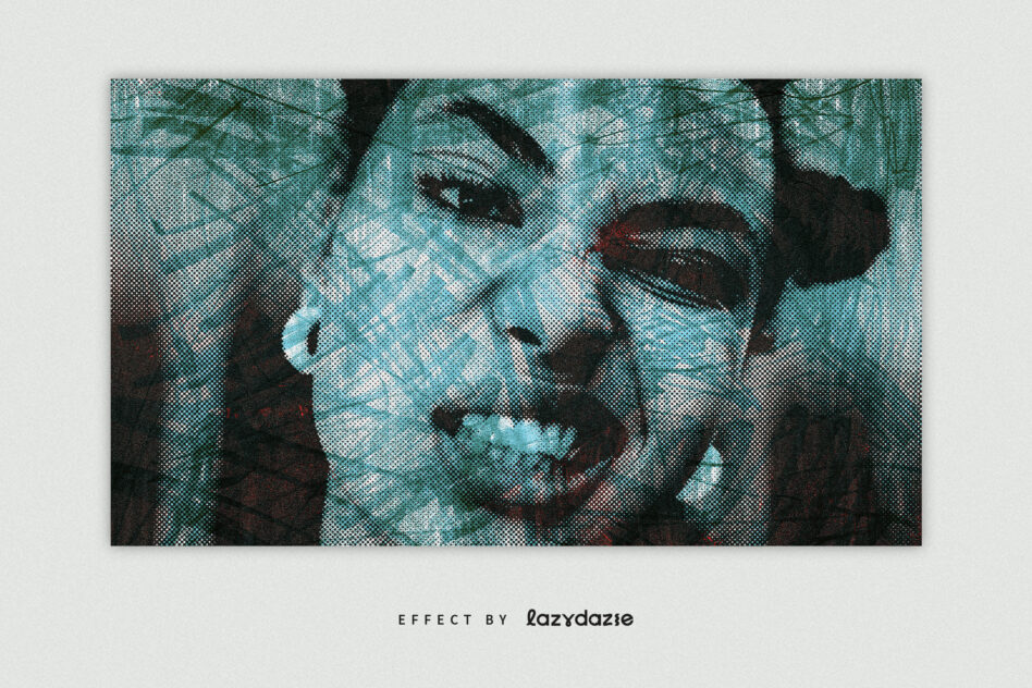 Portrait with teal halftone effect creating dotted texture overlay on faces