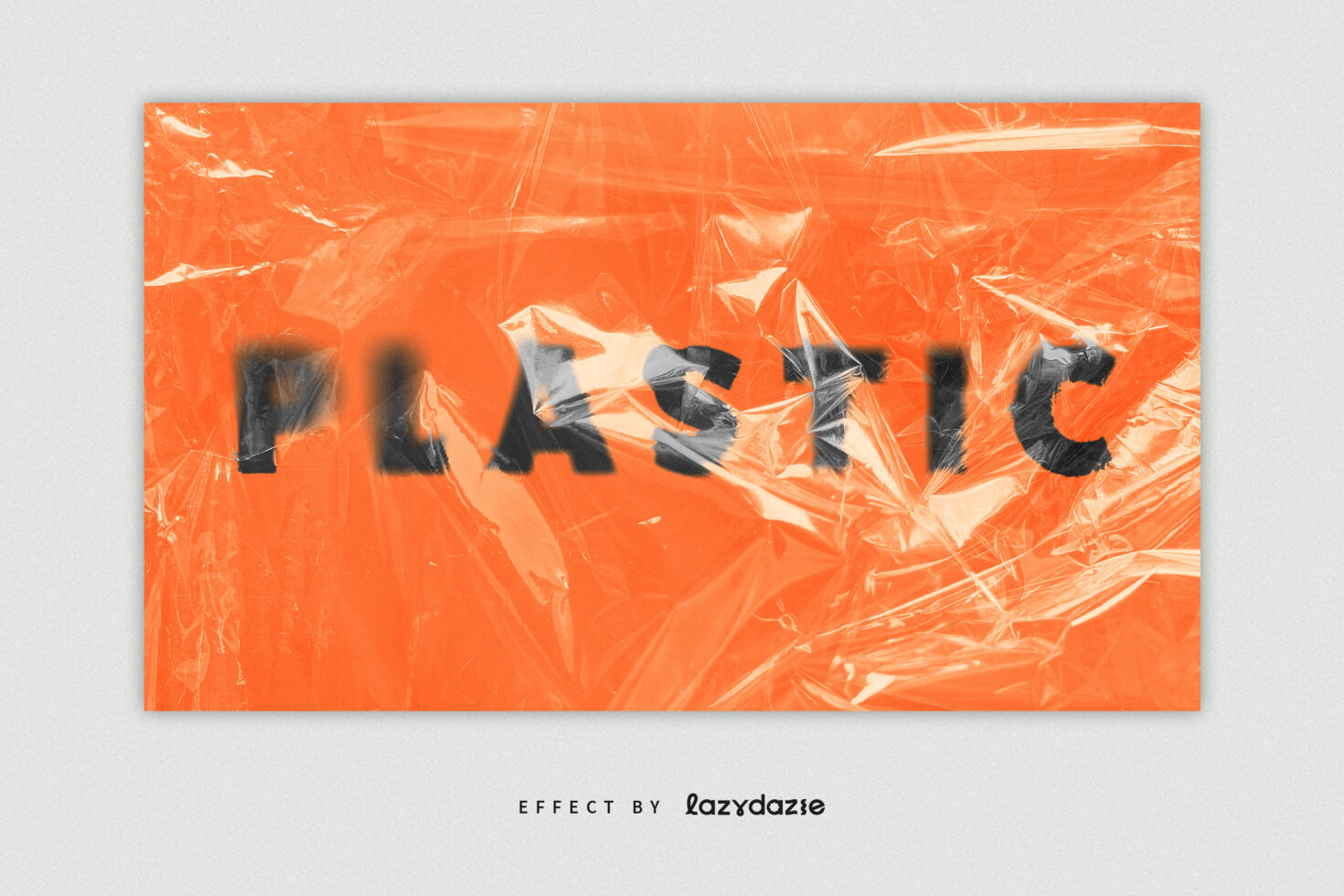 Plastic text effect over crumpled transparent plastic on orange background. Ideal for graphic design projects, textures, mockups, creative templates.