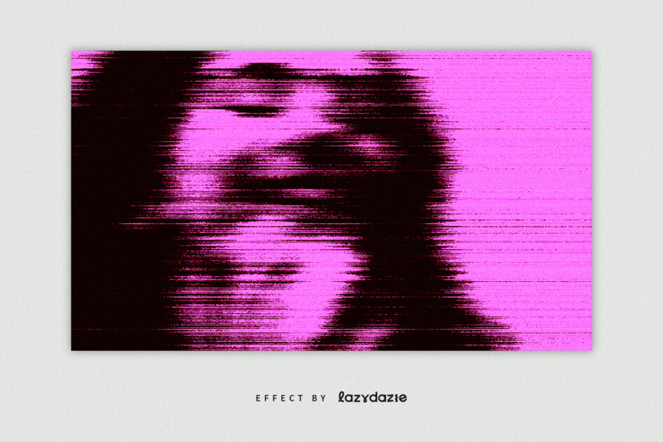 Bright magenta scanlines with heavy black digital noise overlay