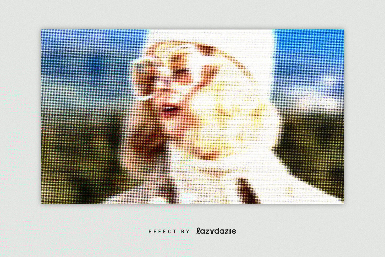 Retro halftone effect on a woman wearing glasses and winter attire; vintage style; Lazydaze effect suitable for graphic design mockups and templates.