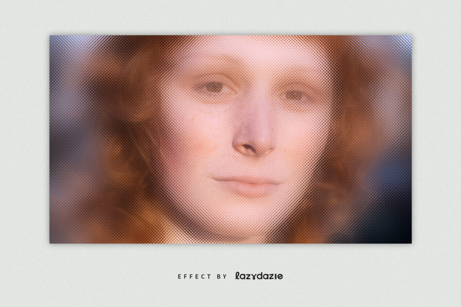 Female portrait with halftone dot pixelated effect creating soft gradient transition