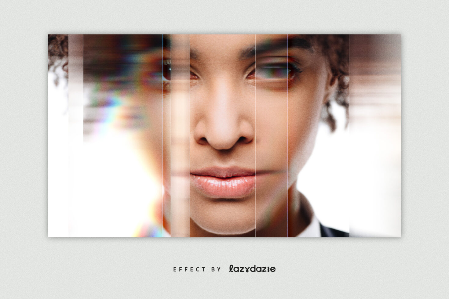 Portrait split with vertical stripes creating chromatic aberration effect, close-up face