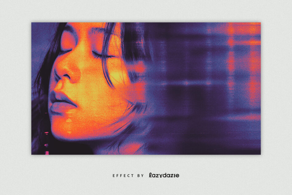 Woman with closed eyes covered in thermal gradient colors fading to dark