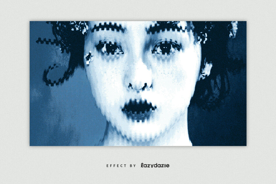 Frontal face with halftone pixel scatter, navy dots fragmenting features