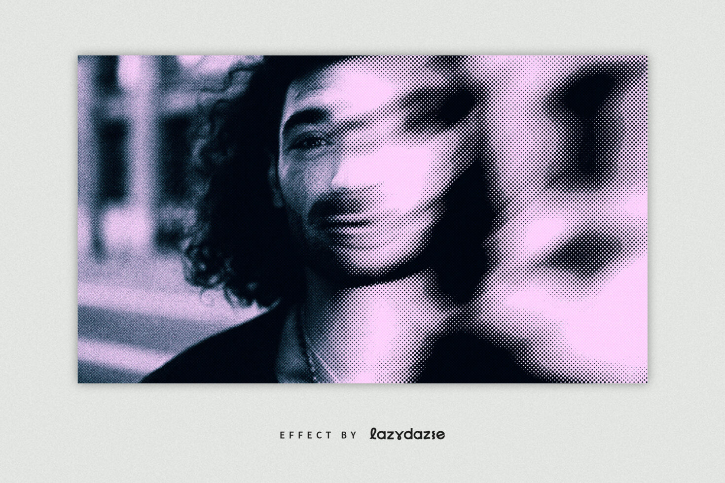 Halftone photo effect template featuring a young man with long hair in pink and black tones. Ideal for designers seeking unique graphic effects.