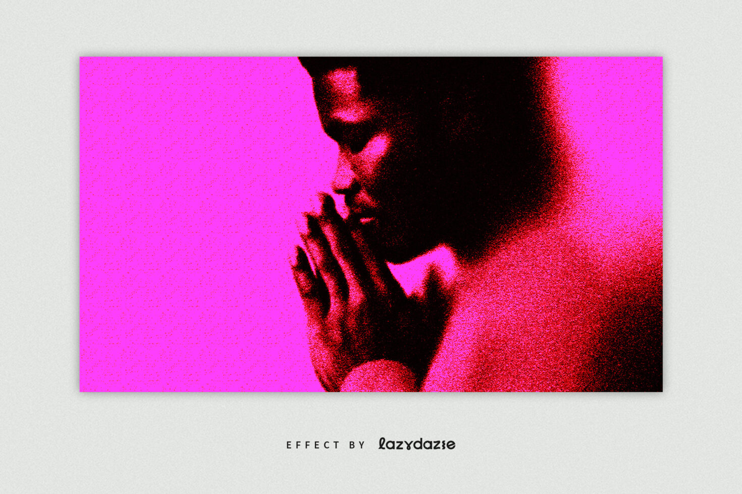 Vibrant pink digital art featuring silhouette with hands in prayer position grainy texture suitable for creative projects, graphics, or design templates.