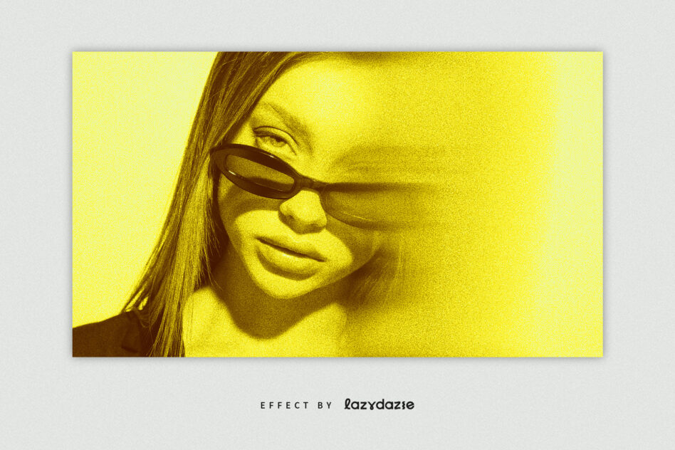 Widescreen portrait with golden yellow overlay of woman in oval frames with straight hair