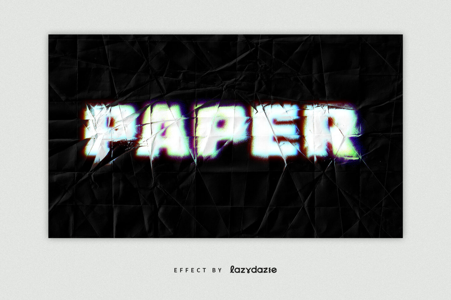 Glitched paper text effect on crumpled dark background showcases unique font style suitable for graphic design templates and creative mockups.