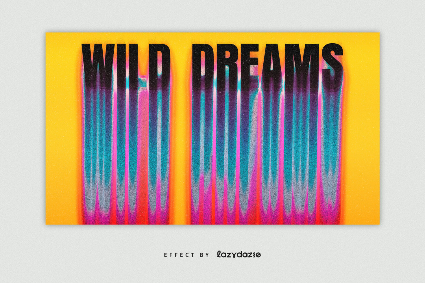 Vibrant distorted text effect featuring Wild Dreams in bold black font with colorful vertical glitch lines on a bright yellow background ideal for graphic designers