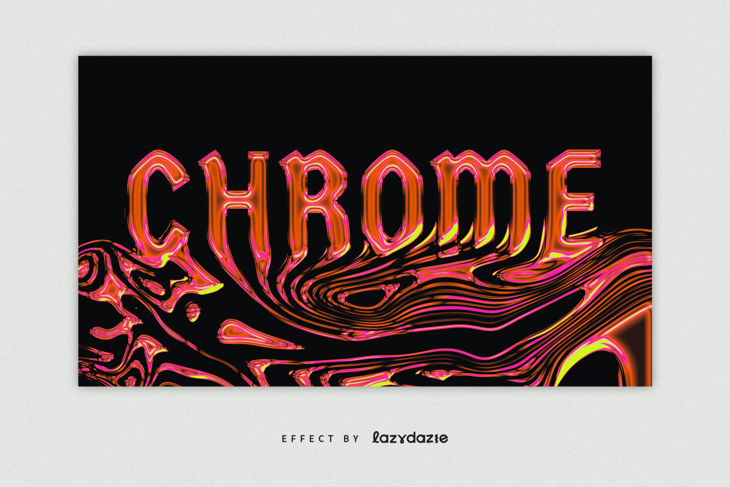 Chrome text effect with vibrant orange and pink swirls on black background, ideal for digital design, fonts, templates, and graphic art projects.