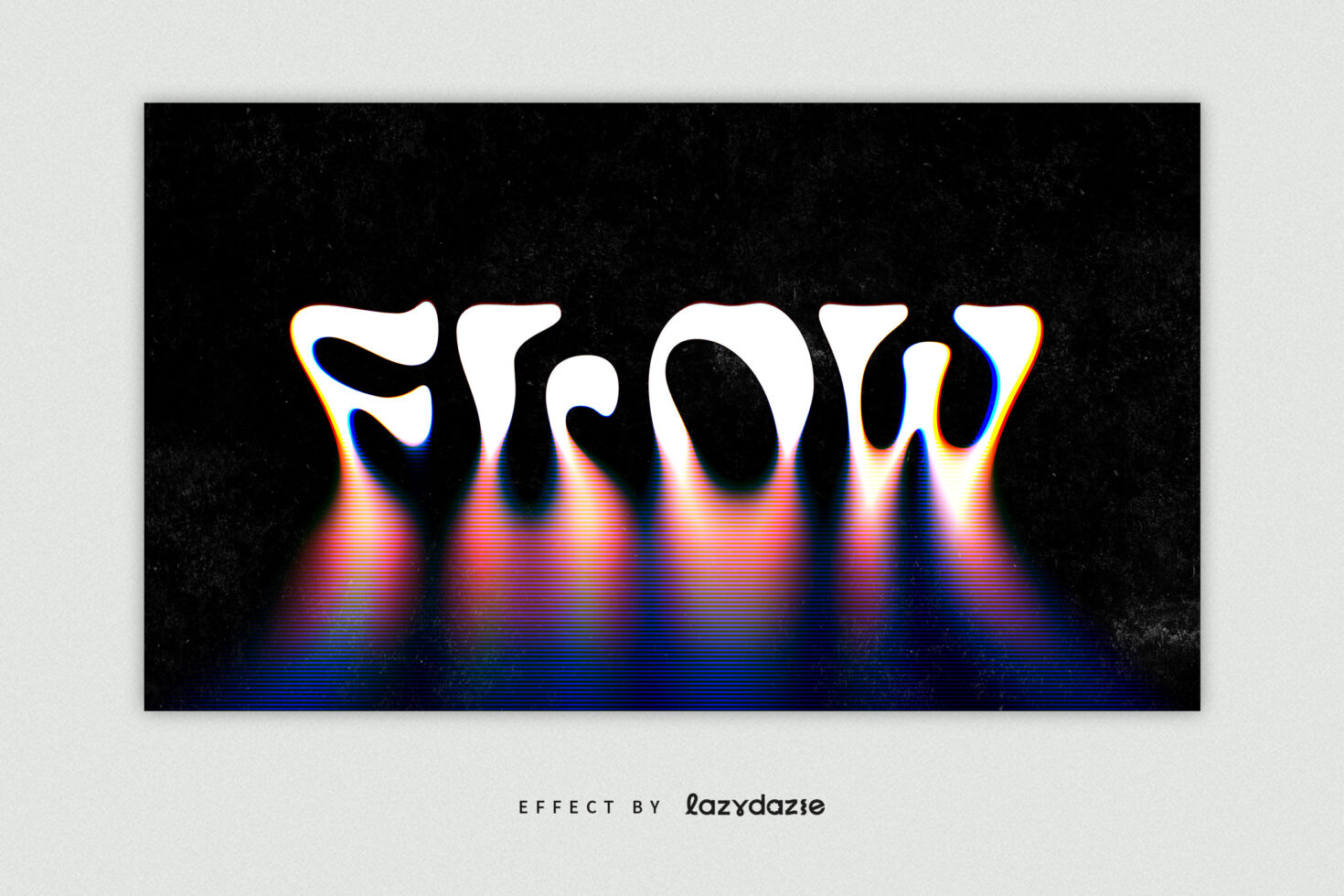 Stylized melted text effect reading Flow with vibrant color gradient glow on dark background graphic design asset for typography visual effects.