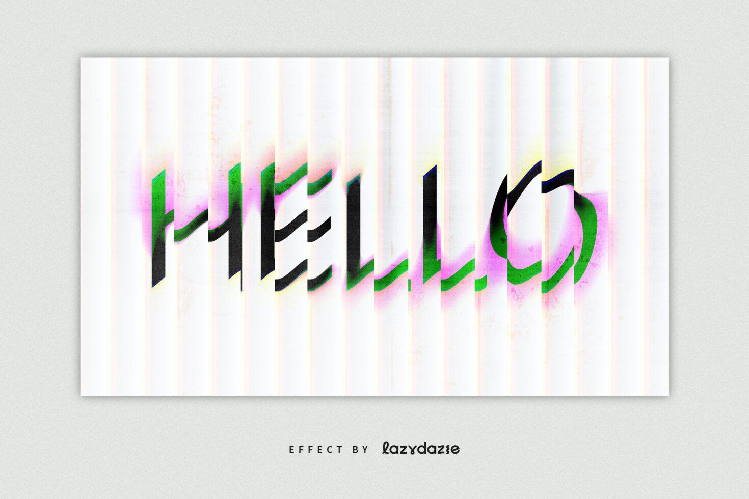 Text effect template with vibrant green and pink gradient on distorted Hello text. Perfect for graphic designers seeking unique typography assets.