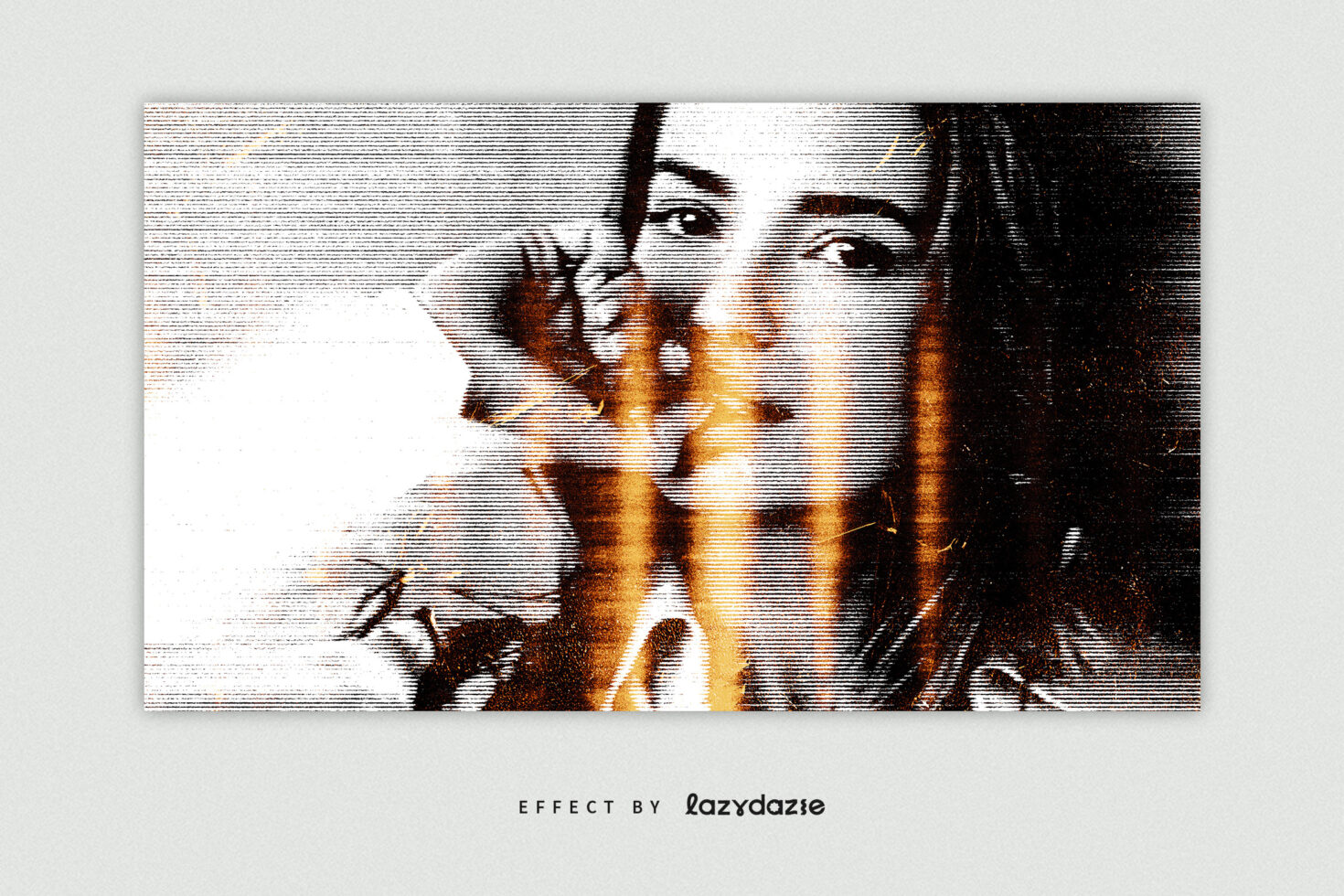 Digital glitch photo effect featuring a woman's portrait with abstract line distortion. Ideal for graphic design projects and creative templates.