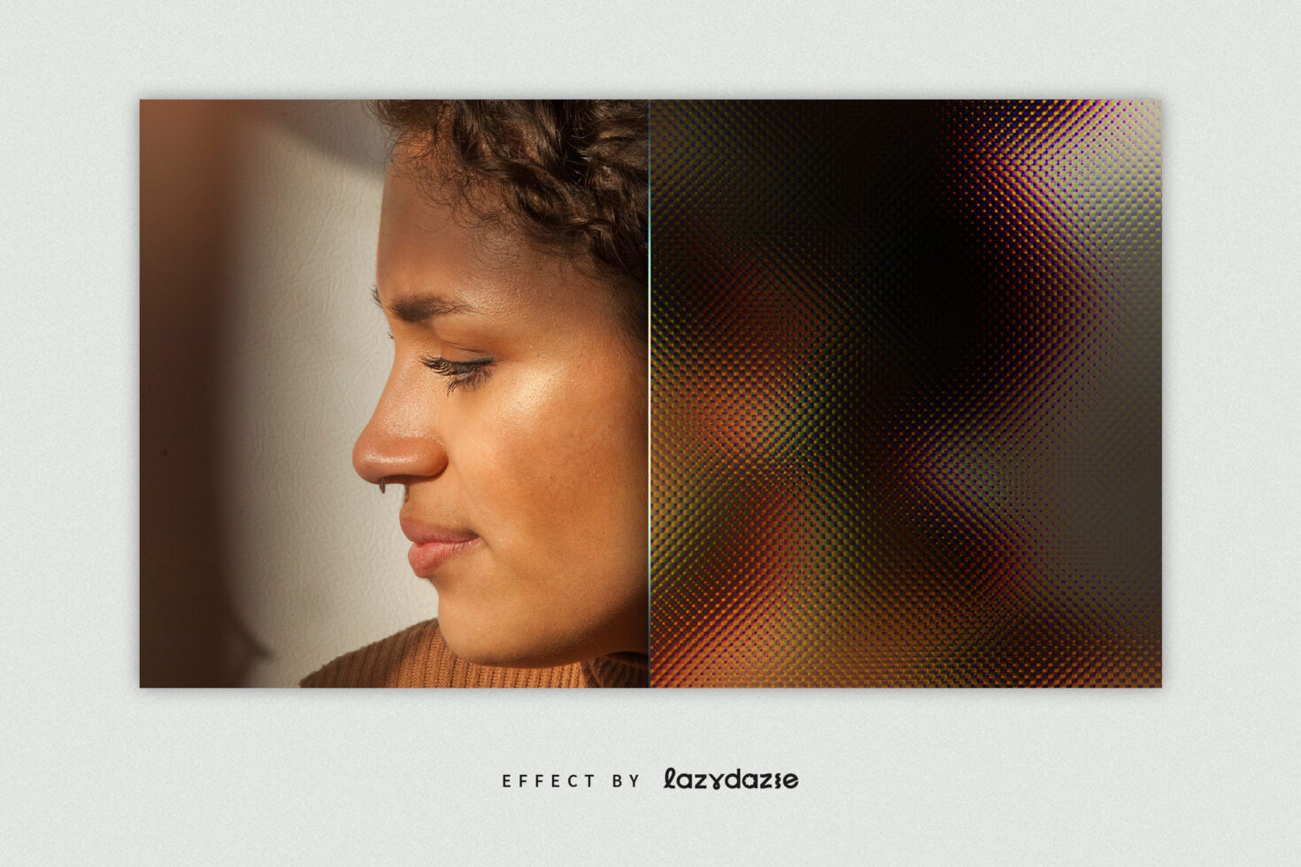 Side profile photo effect showing a contrast between a natural and distorted look using a Halftone texture effect for digital graphic design assets.