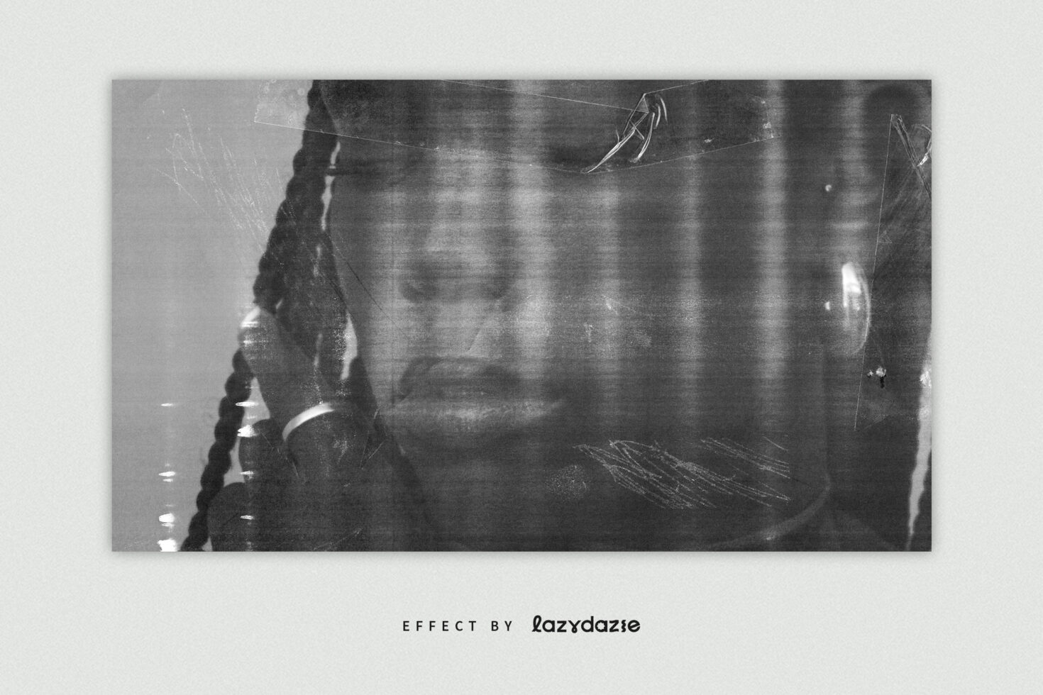 Moody black and white texture overlay effect for designers featuring abstract scratched lines and shadows on a portrait image. Perfect for creative projects.