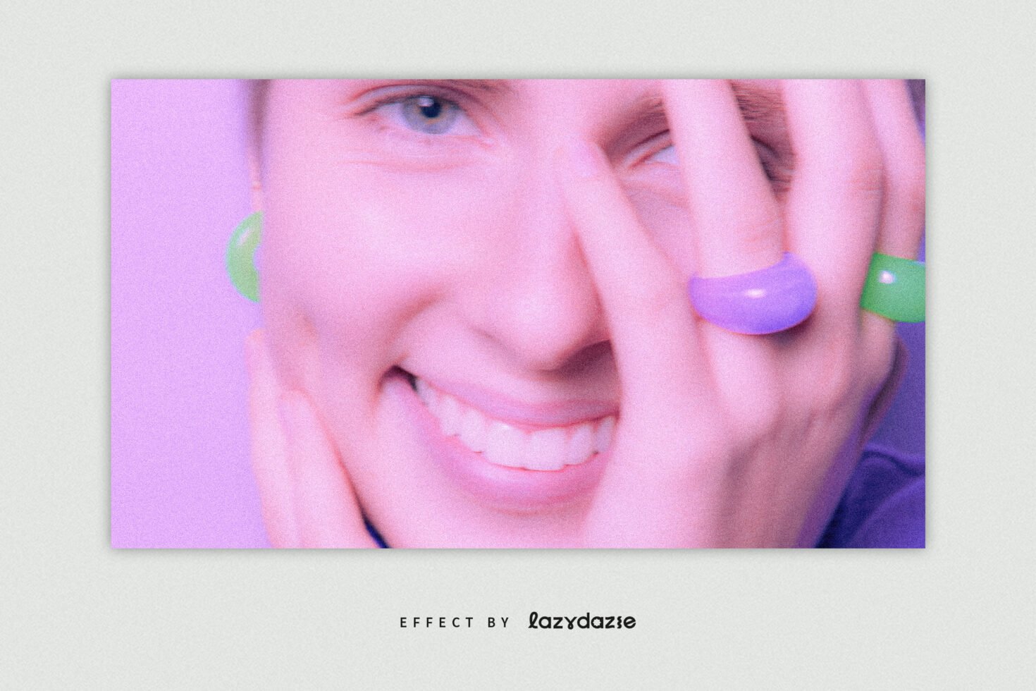 Smiling person with pastel filter effect wearing colorful rings. Ideal for graphics, mockups, or digital design templates. Retro aesthetic vibe.