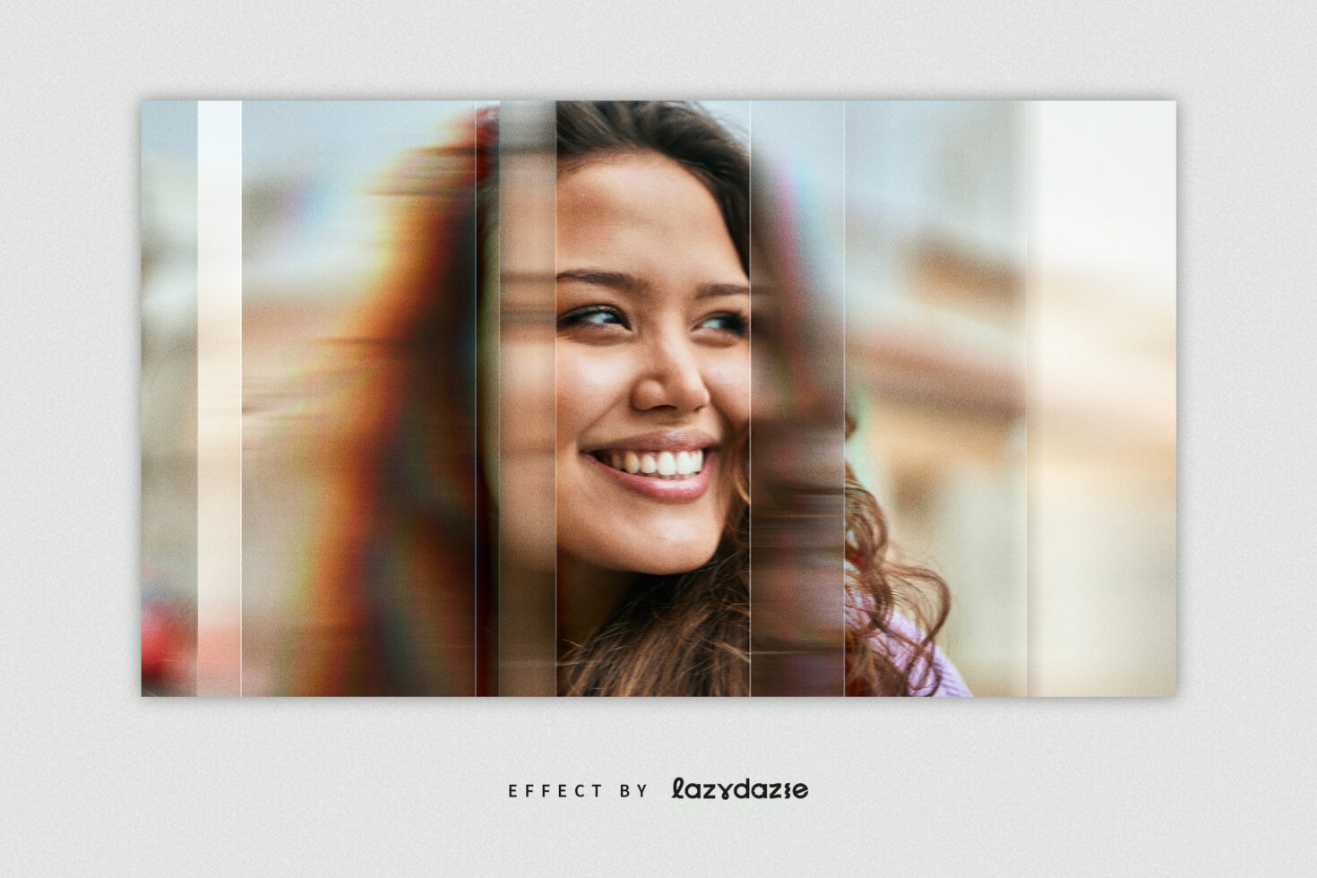 Portrait with vertical line divisions blurred together, woman smiling in warm tones