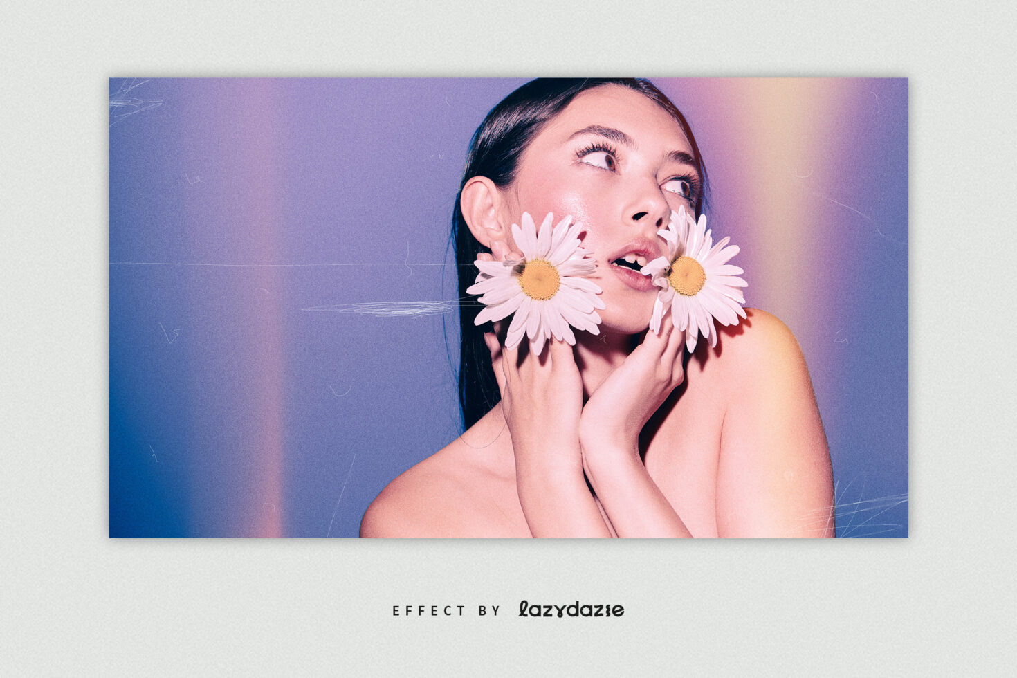 Artistic photo of a woman with daisies, pastel gradient background, ideal for graphic design projects. Portrait effect, creative digital art resource.