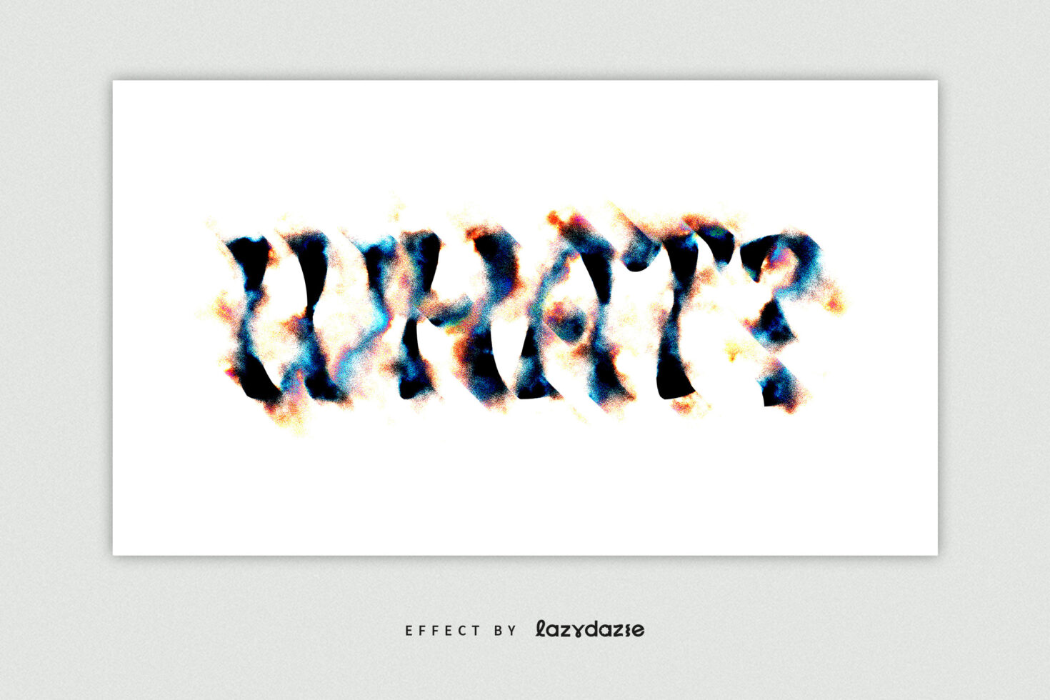 Artistic distorted text reading WHAT with colorful smokey effect on white background ideal for digital designs graphics typography creative projects