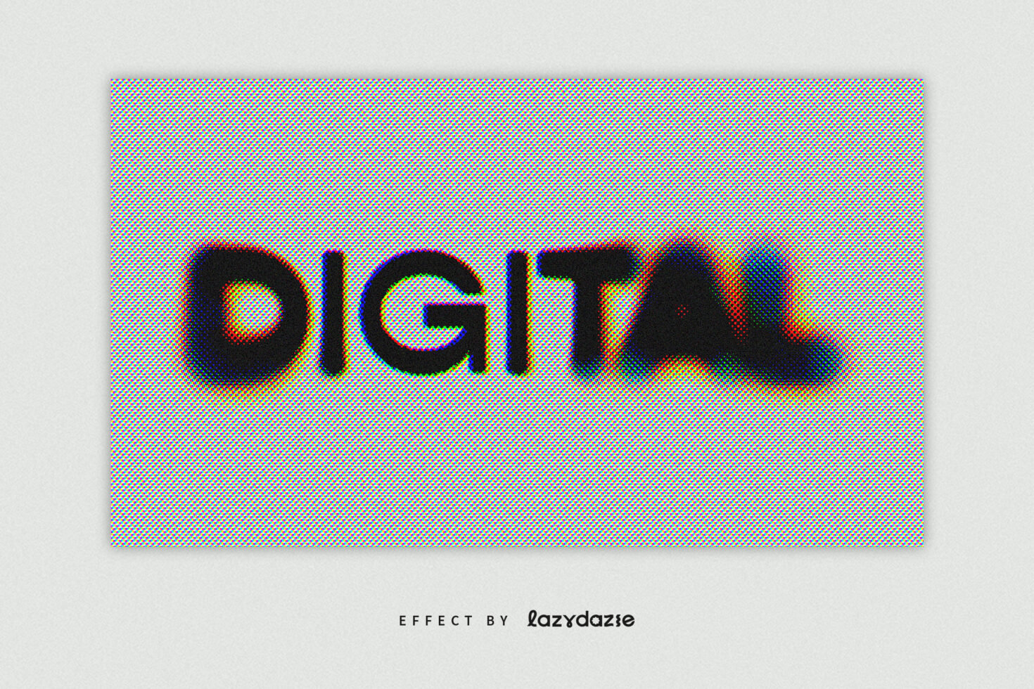 Digital text effect with pixelated halftone and colorful glitch distortions. Perfect for graphic designers and template creators. Vibrant, modern look.