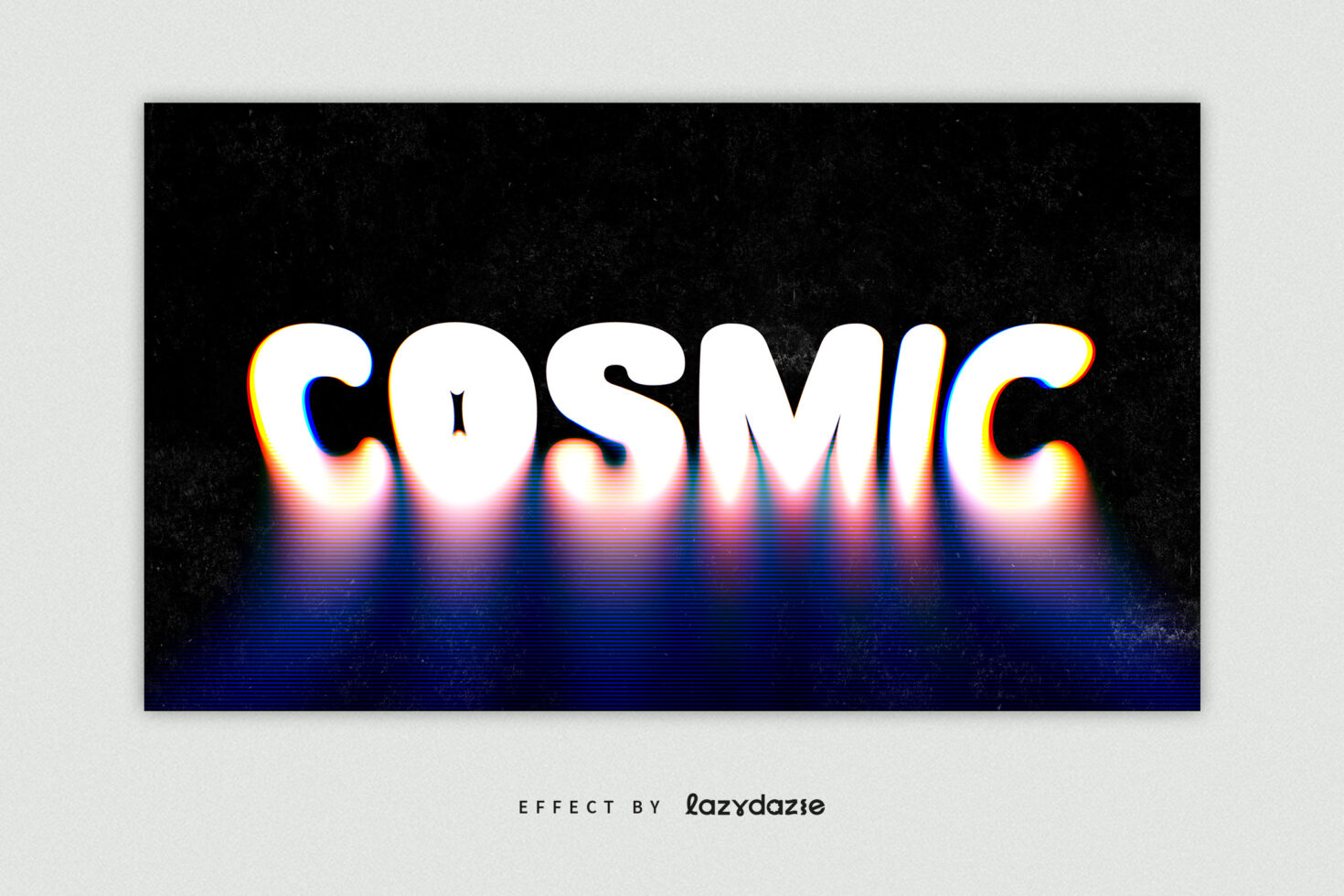 Cosmic text effect graphic design highlighting glowing white 3D letters with a vibrant gradient on a dark textured background ideal for designers.
