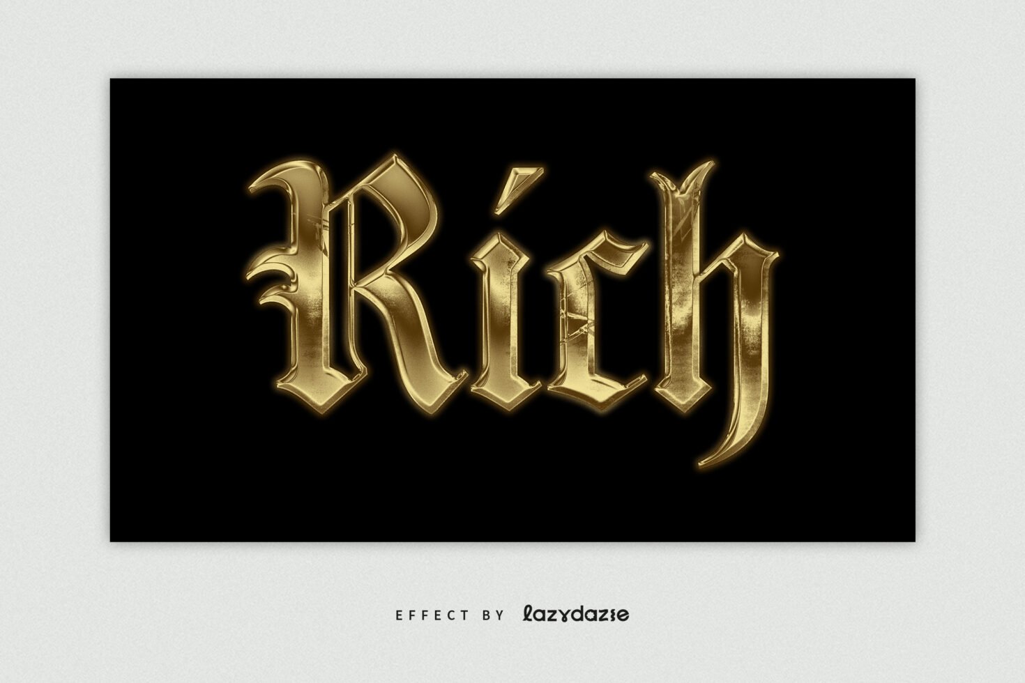 Gothic-style gold text effect showcasing the word Rich on a black background, ideal for designers seeking high-impact fonts and graphic templates.