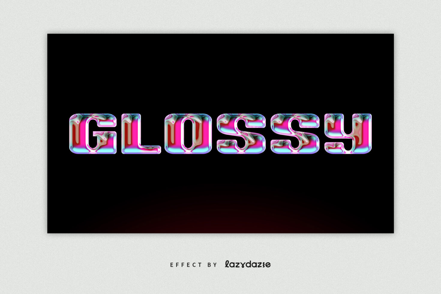 Glossy holographic GLOSSY text with swirling rainbow liquid fill on black
