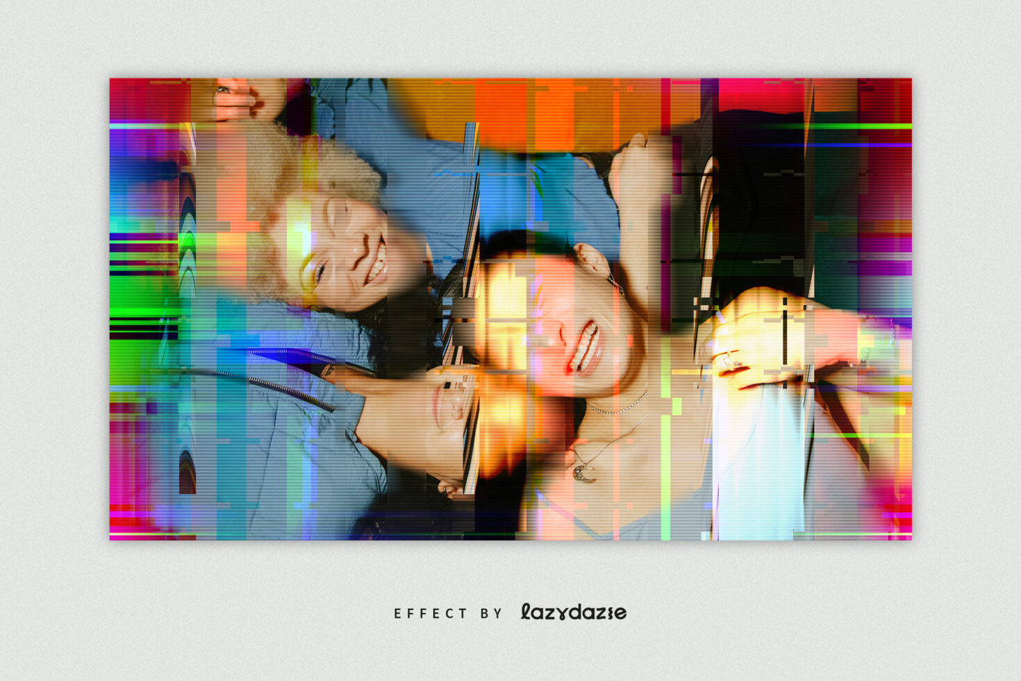 Vibrant glitch photo effect featuring smiling faces, perfect for digital graphics, design mockups, and creative templates. Ideal for designers.