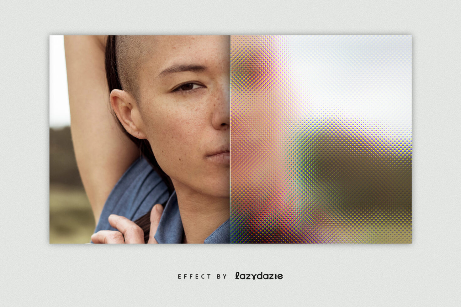 Halftone photo effect showcasing a split portrait with realistic detail on one side and artistic texture on the other. Ideal for graphic templates.