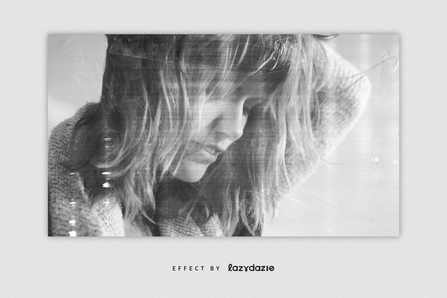 Black and white distressed photo effect on a woman's portrait suitable for graphic design projects. Ideal for mockups and templates. Vintage style.