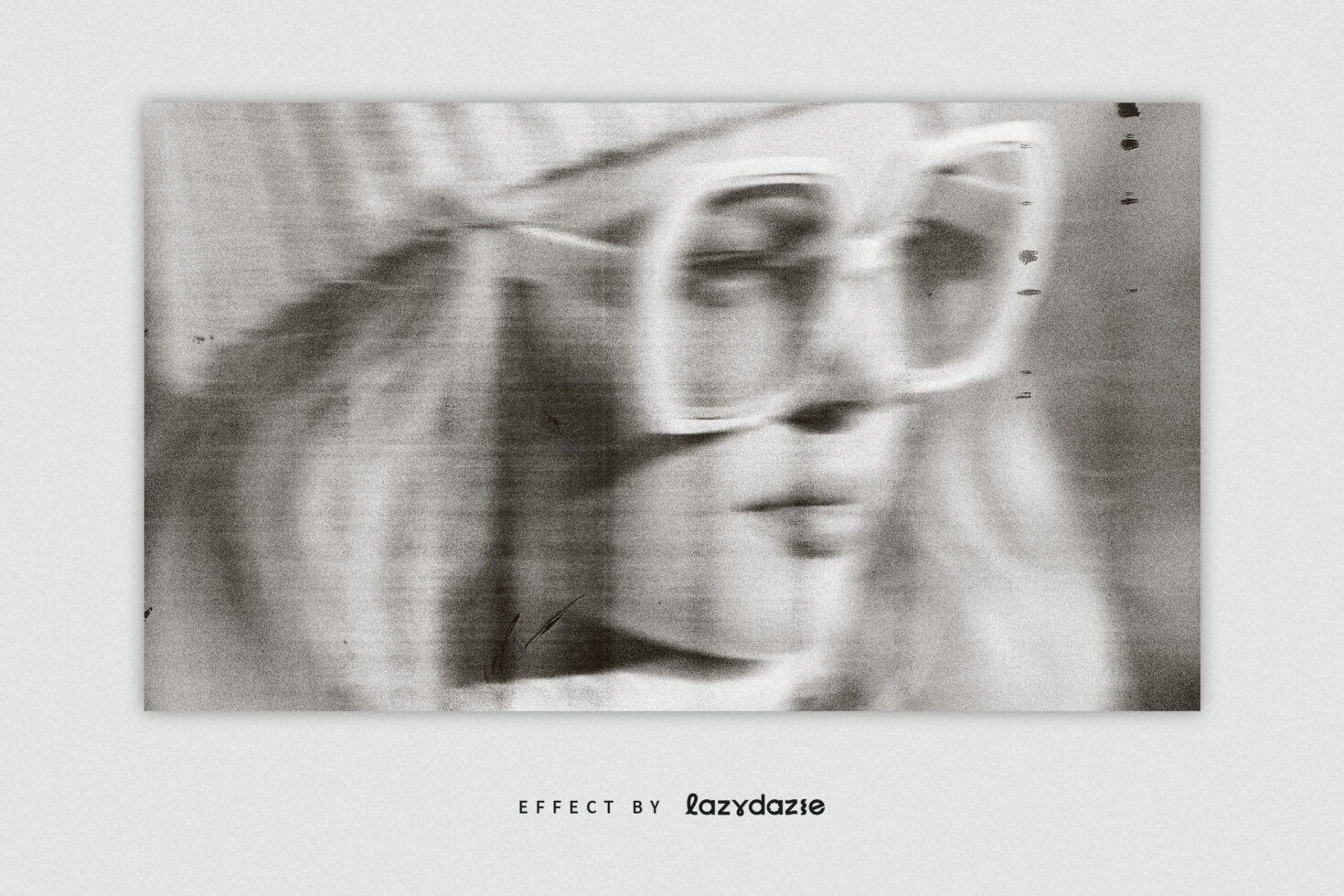 Blurry black and white image of a woman in oversized glasses and a knit hat. Vintage grunge effect for graphics templates or mockups.