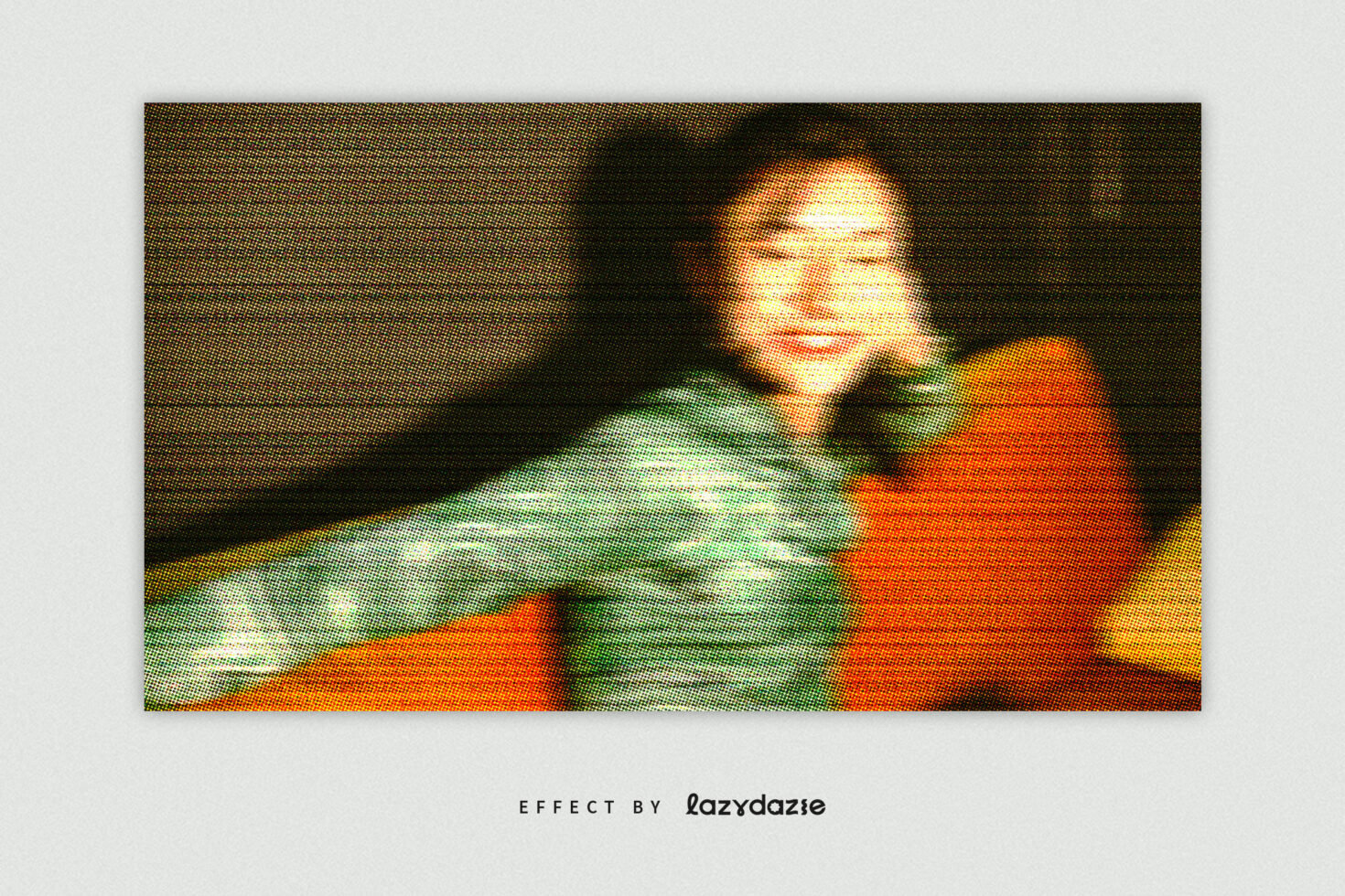 Retro halftone mockup with a blurred person in green attire against an orange backdrop. Vintage effect ideal for graphic design projects and templates.